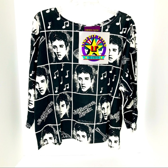 VTG Elvis Presley Jailhouse Rock AOP Print 3/4 Sleeve Shirt Liberty Flyer Large - Picture 1 of 5